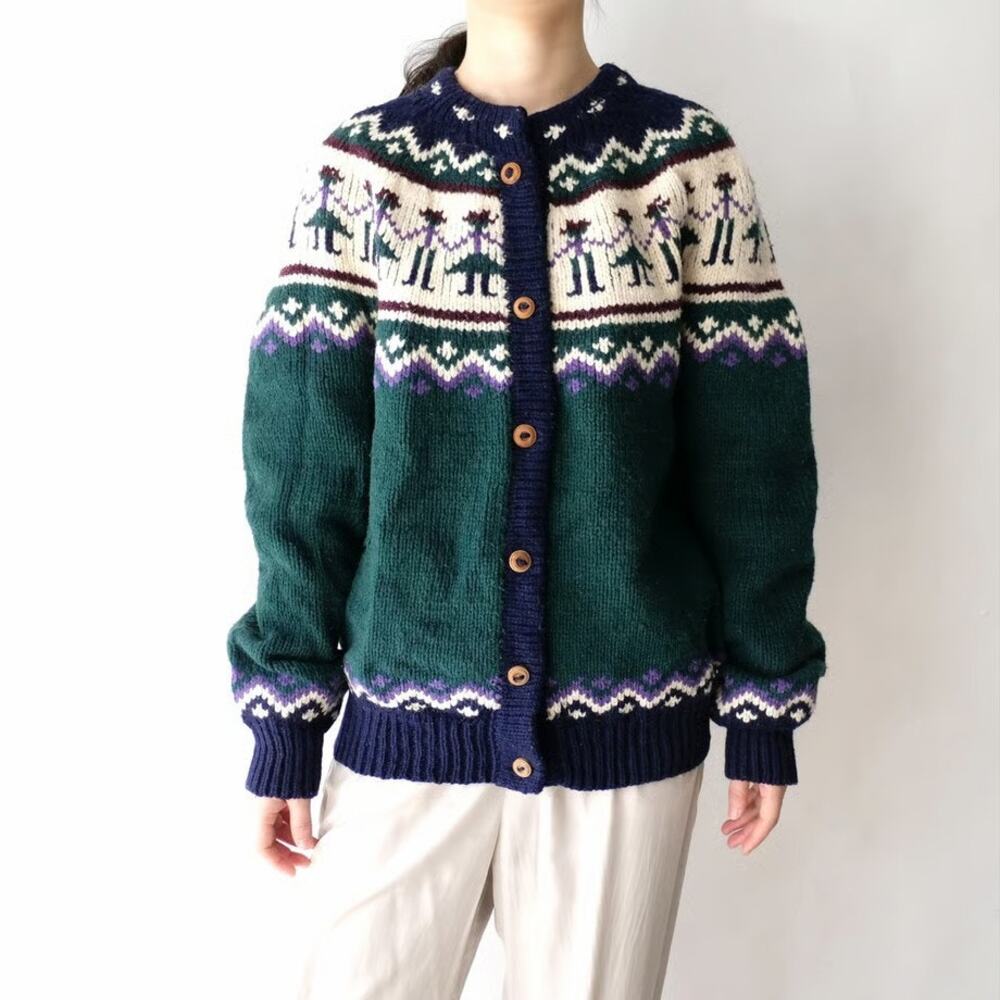 Vintage*RARE* Folk Art Paris Sports Club Handmade Lambswool Cardigan S
